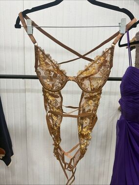 Victoria's Secret Gold Sequin Lace Strappy Teddy